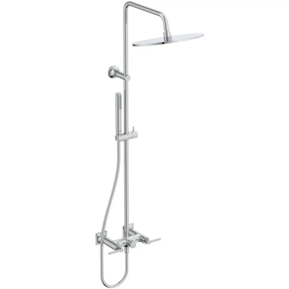 Duschsystem von Ideal Standard mit Wandarmatur und Hebelgriffen in Chrom. Enthält eine große Regendusche und einen Handbrausekopf zur flexiblen Nutzung.